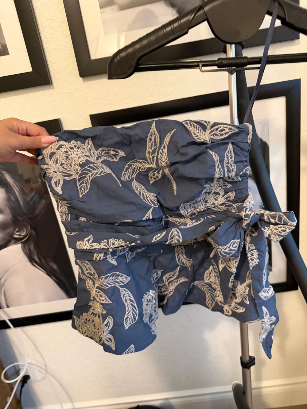 White House Black Market Blue Floral Strapless Tie-Waist Top